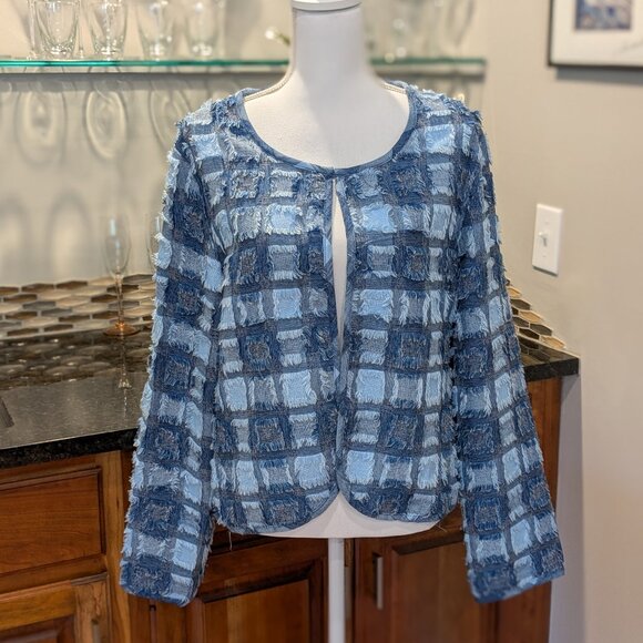 Vintage Life Style Blue Fuzzy Frayed Textured Plaid Jacket Size Large - Picture 1 of 3